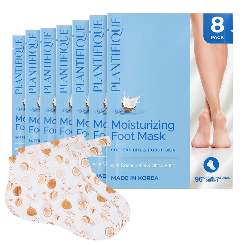 PLANTIFIQUE Korean Foot Mask with Shea Butter 8 Pairs box for Dry & Cracked Feet | Hydrating Socks for Soft Heels | Intense Moisturizing and Repairing Dry Rough Skin | Foot Spa | Happy Feet Mask