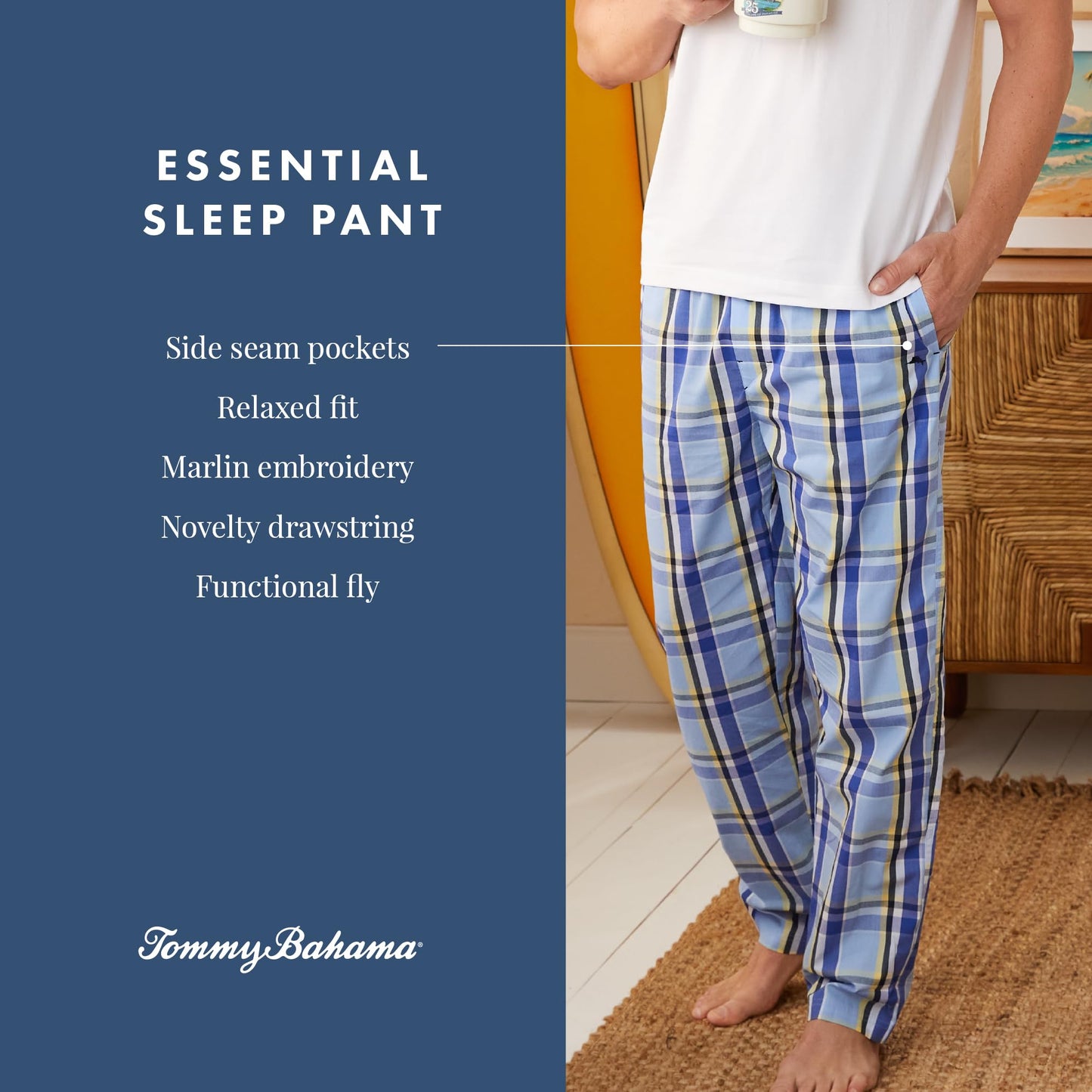 Tommy Bahama - Men's Essential Printed Sleep Pant, Woven Pajama Pants for Sleep or Lounge (Navy Blue Plaid, X-Large)