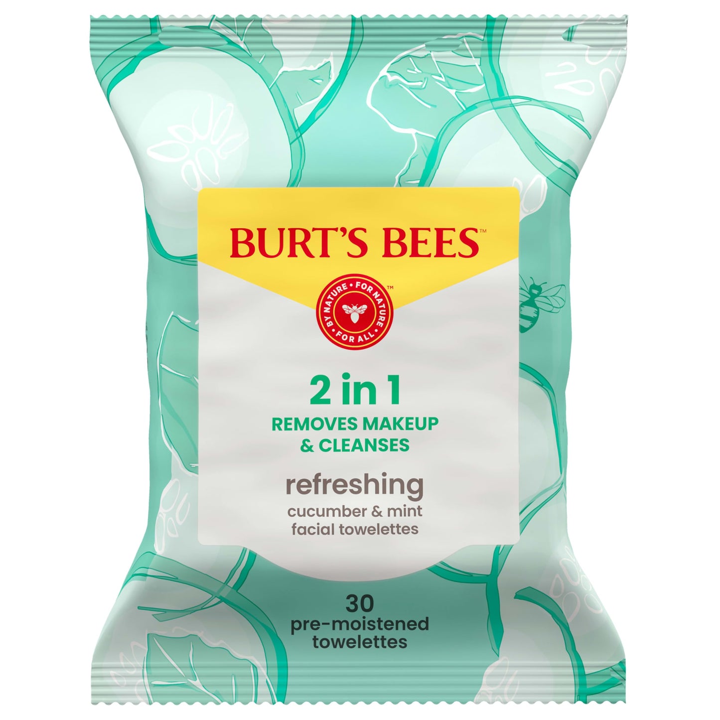 Burt’s Bees Refreshing Cucumber & Mint Facial Towelettes, 100% Plant Based Cloths; 99% Natural Origin; Removes Makeup and Cleanses; No Need to Rinse; 30 Ct (Pack May Vary)