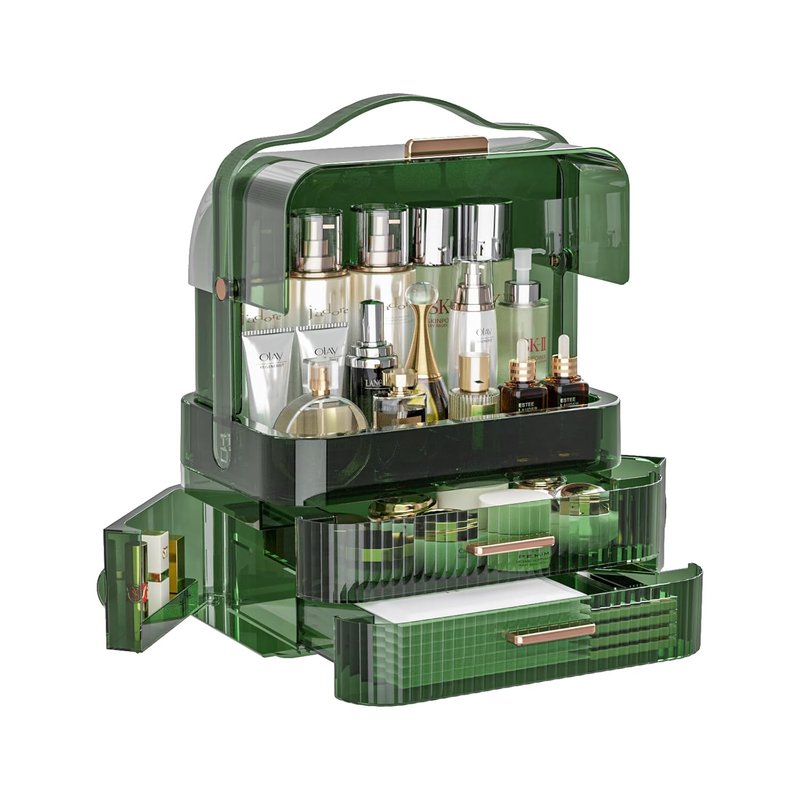 Cosmetics Storage Box - Large Transparent Makeup Organizer with Drawers | Waterproof & Dustproof Skincare Display Case in Clear Green