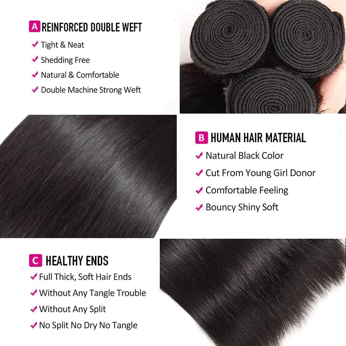 Straight Human Hair Bundles 14 16 18 Inch Brazilian Straight Hair Bundle 100% Unprocessed Virgin Hair Weave Bundles Human Hair Extension for Women Natural Black Color