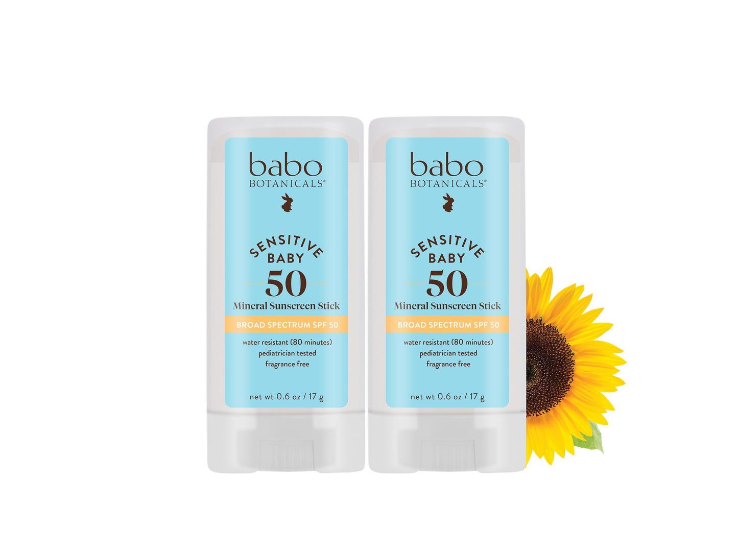 Babo Botanicals Sensitive Baby Mineral Sunscreen Stick SPF 50 - 70% Organic Ingredients - Zinc Oxide - NSF & MADE SAFE and EWG Certified - Water Resistant - Fragrance-Free - Babies & Kids - 2-Pack