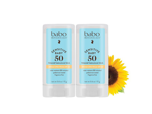 Babo Botanicals Sensitive Baby Mineral Sunscreen Stick SPF 50 - 70% Organic Ingredients - Zinc Oxide - NSF & MADE SAFE and EWG Certified - Water Resistant - Fragrance-Free - Babies & Kids - 2-Pack