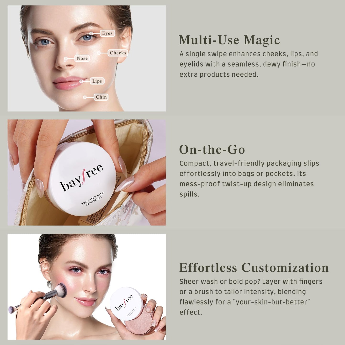 bayfree Multi Glow Balm Set, Cream Blush with Double-ended Brush, Radiant Finish, Hydrating, Creamy, Radiant Finish, Lightweight & Blendable Color, Face Balm