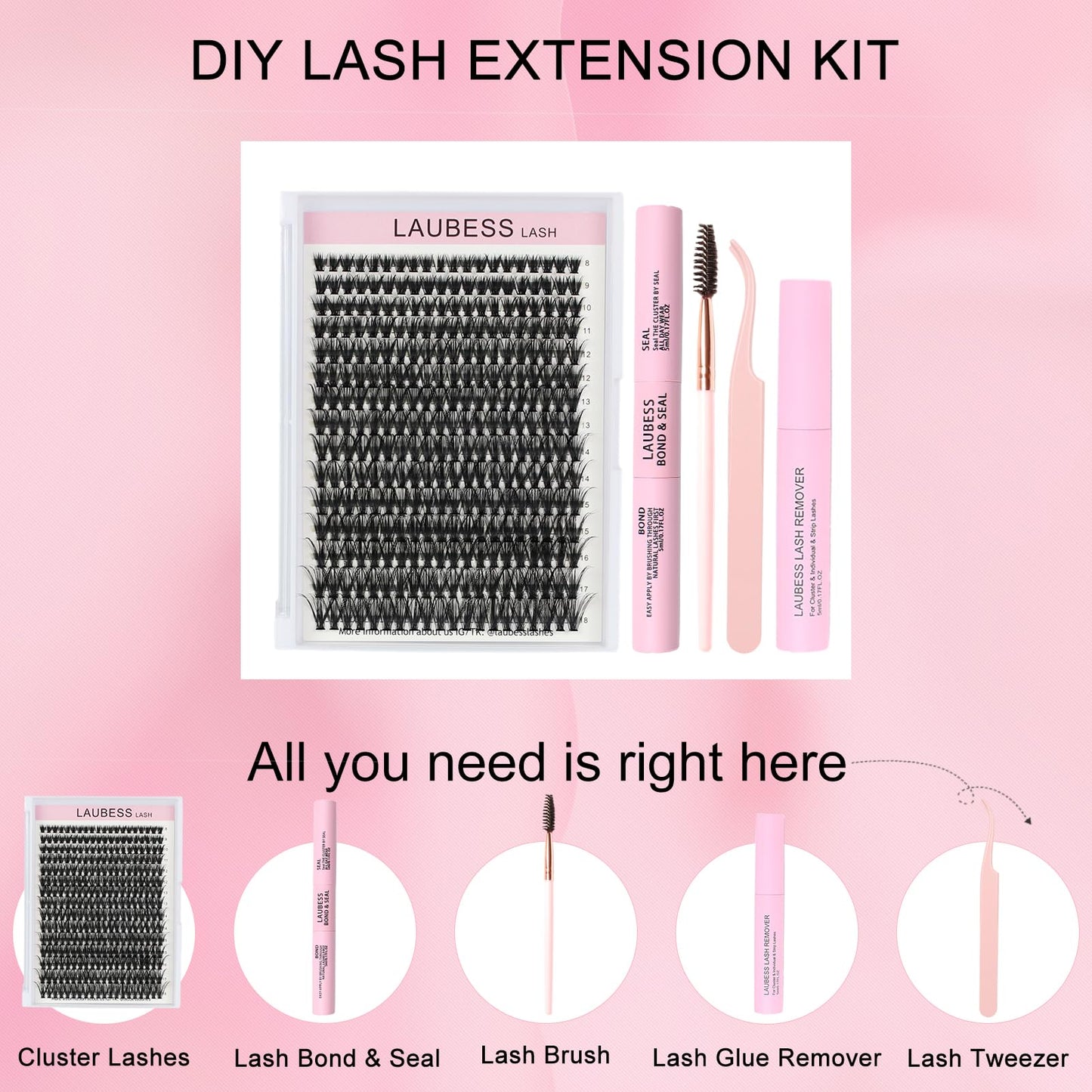 Lash Extension Kit 300 Pcs Lash Clusters Kit Lash Bond and Seal Waterproof DIY Lash Extension Kit Lash Remover Eyelash Brush Lash Tweezers Eyelash Extension Kit (Set 40D-0.07D-8-18Mix)