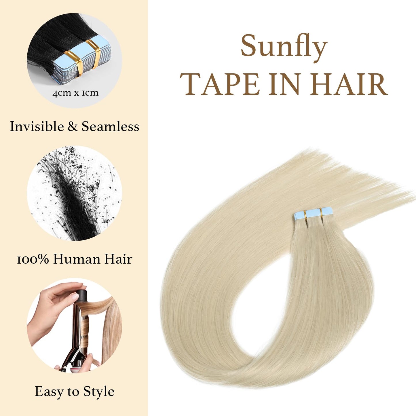 Sunfly Hair Extensions Tape ins 22 Inch 50g Platinum Blonde Human Hair Extensions Invisible Rooted Tape in Real Hair 20pcs #60
