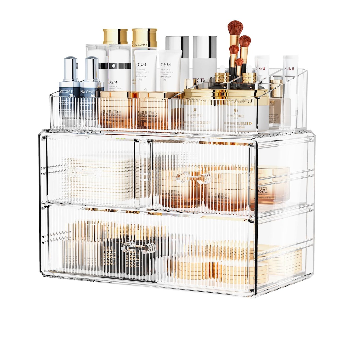 ZHIAI Stackable Cosmetic Organizer, Acrylic Cosmetic Organizer for Dresser, Vanity, Kitchen Cabinet, Bathroom, Under Sink, Home Organization and Storage (1 Top 3 Drawers)