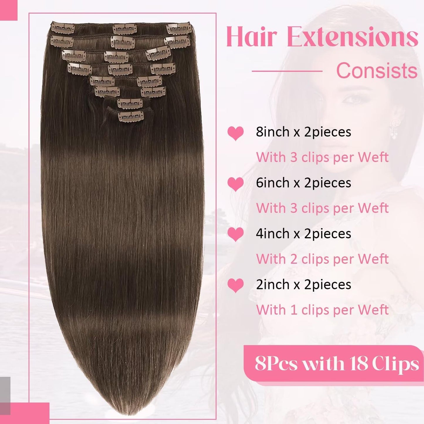 Tebelove Clip in Hair Extensions Real Human Hair 3.6oz/100g Clip ins Brazilian Remy Human Hair Extension for Women 8pcs Per Set with 18 Clips Double Weft (16 Inch #4 Chocolate Brown)