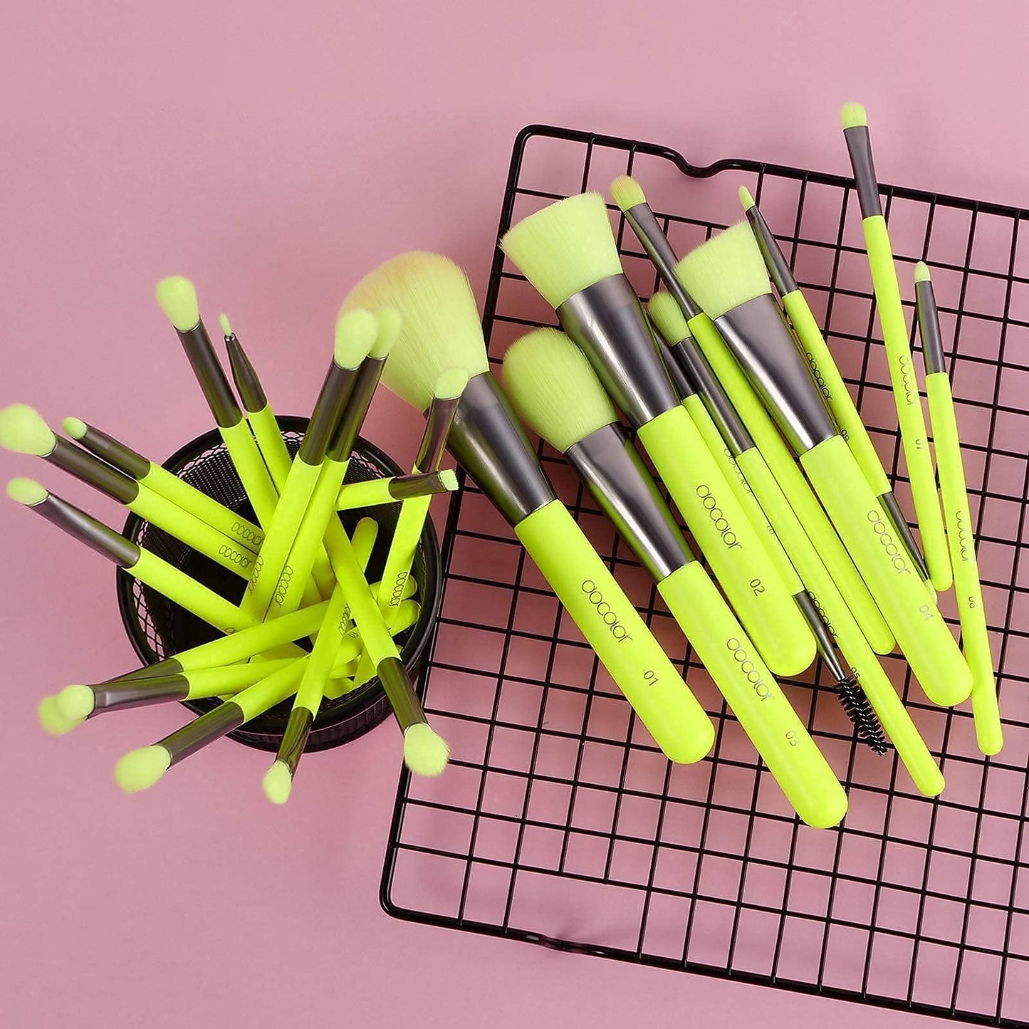 Docolor Neon Green 10Piece Makeup Brushes + 15Piece Eye Makeup Brushes Set Christmas Gift Premium Kabuki Foundation Blending Face Powder Synthetic Makeup Brushes Set