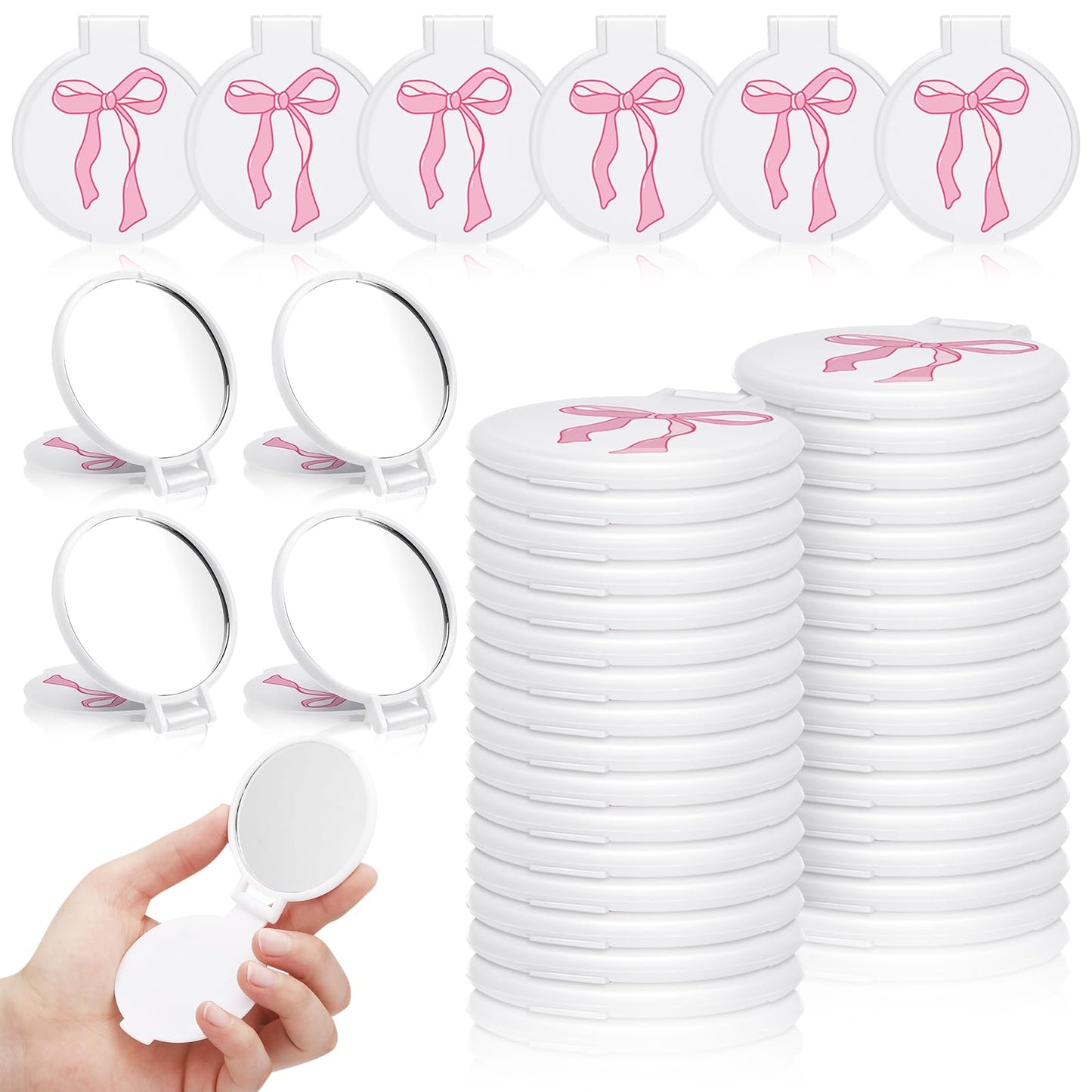 Zhehao 40 Pcs Pink Bow Coquette Mini Pocket Mirrors Compact Gift for Women Teacher Graduation Bowknot Small Mini Round Makeup Mirrors Portable for Purse Women Wedding Birthday Bridal Shower Party Gift