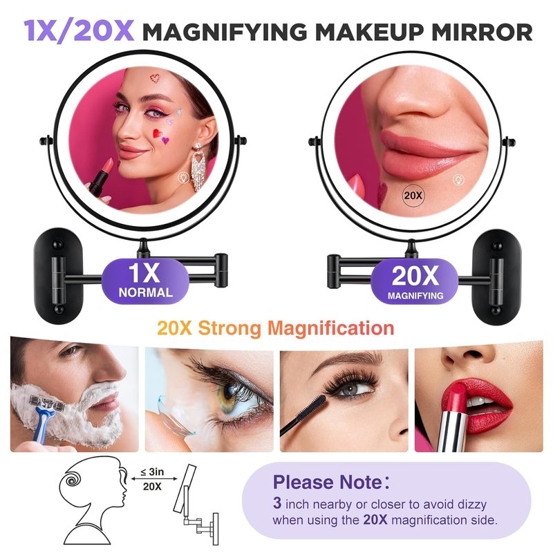 Wall Mounted Makeup Mirror - 1x/20x Magnifying Lighted Vanity Mirror | 8.5" Double-Sided, Black Finish