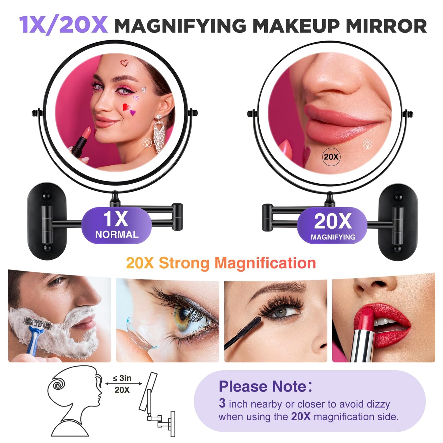 VORREMIRR 20X Magnifying Mirror with Light: 8.5 Inch Lighted Makeup Mirror, Wall Mount, 360 Rotation, Touch Screen, Rechargeable, Brushed Nickel