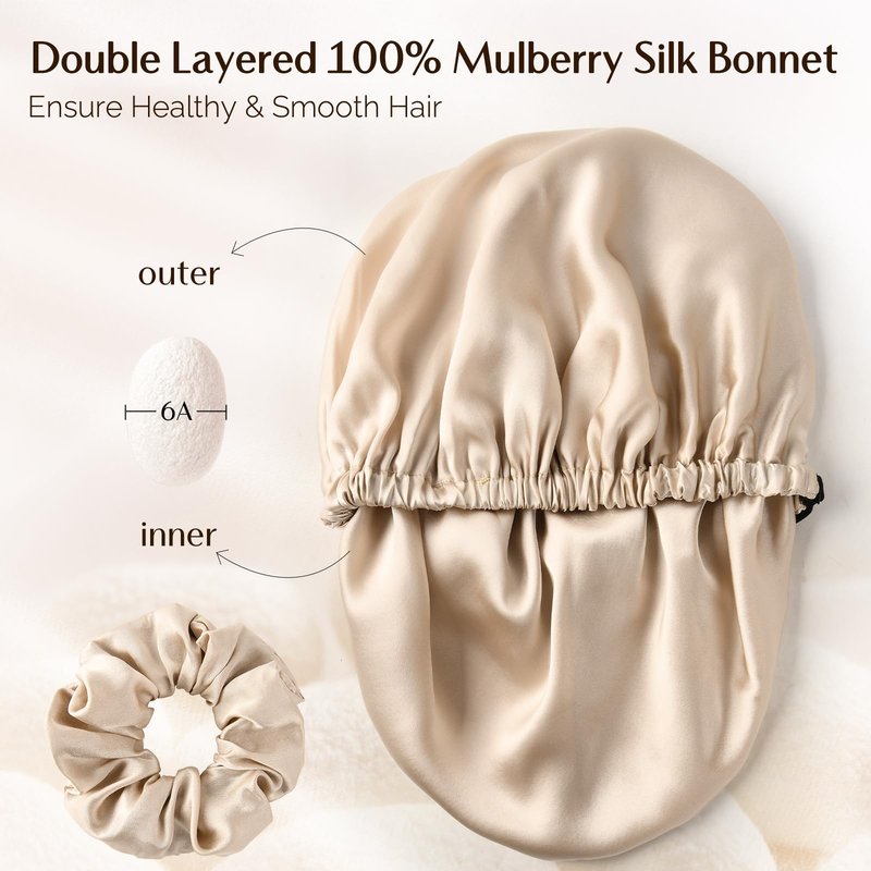 YANIBEST 22 Momme 100% Mulberry Silk Sleep Cap Silk Bonnet for Women - Sleeping Cap Hair Bonnet & Scrunchie Champagne