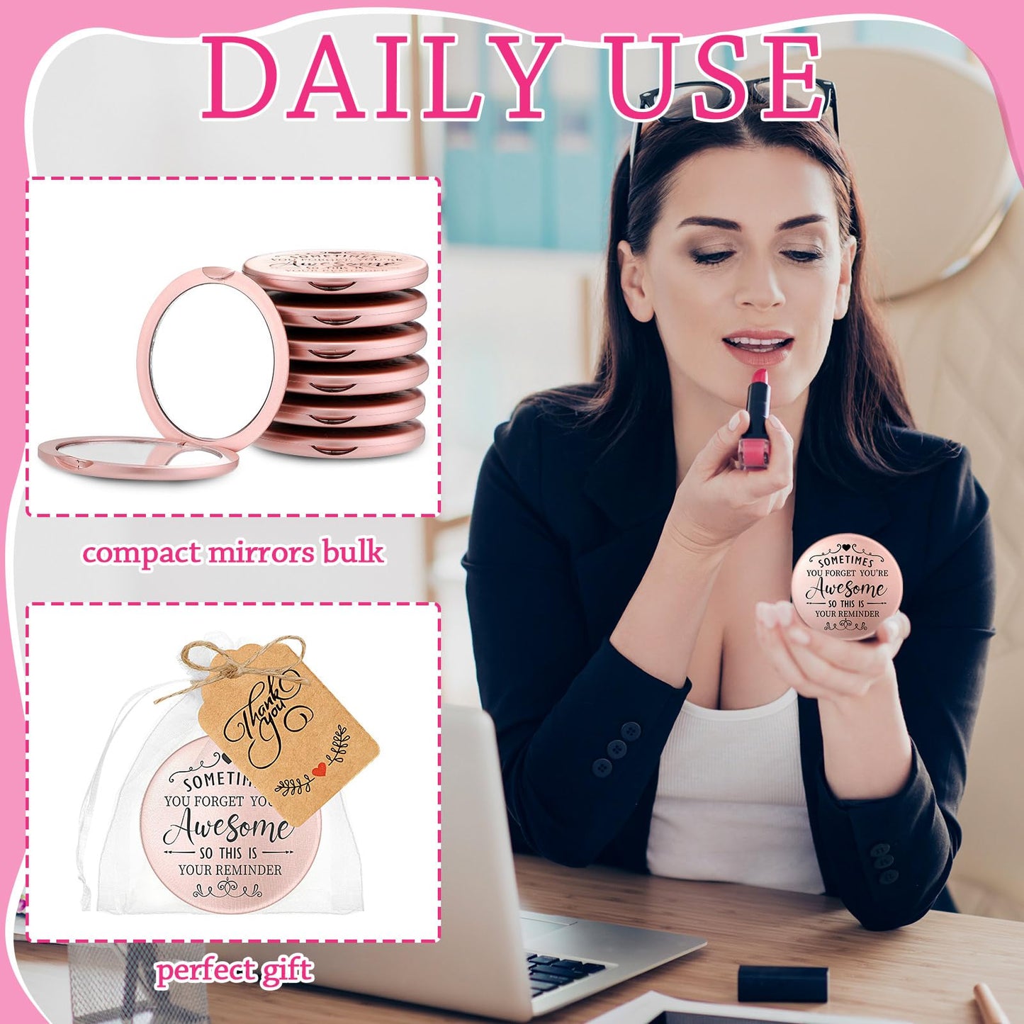 Soaoo 24 Set Inspirational Compact Mirror Bulk Metal Round Shell Sometimes You Forget Your Awesome Gifts for Women Appreciation Double-Sided Purse Mirrors Employee Coworker Wedding Gift