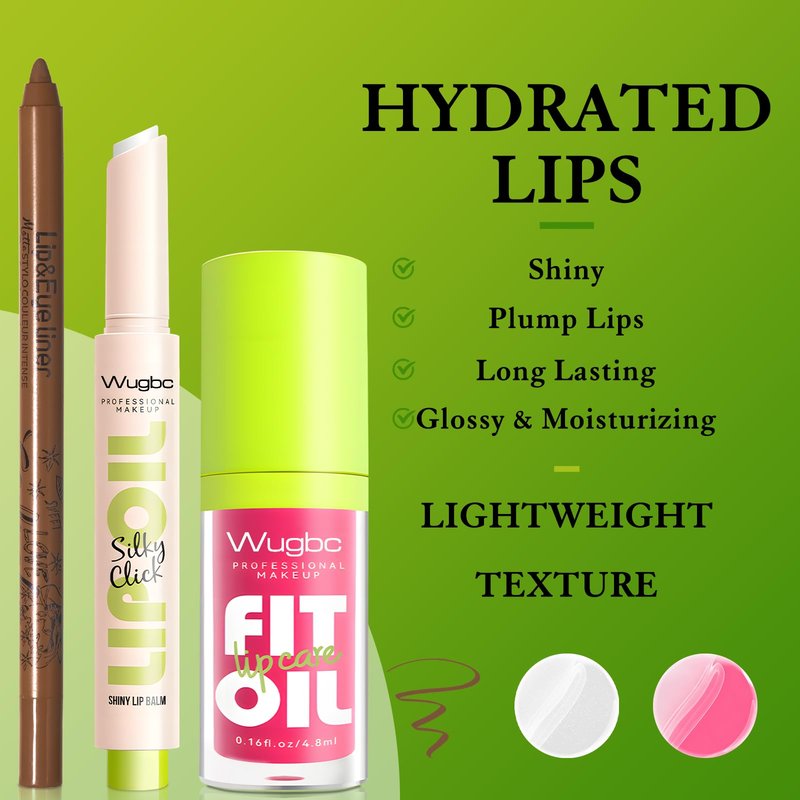 Wugbc Brown Lip Liner Pink Lip Oil Gloss Click Lip Balm Clear Shimmer, Hydrating Lipstick Tinted Lip Oil for Women Makeup, Lightweight Non Sticky Liquid Lipstick Lip Liner Pencil Combo Set
