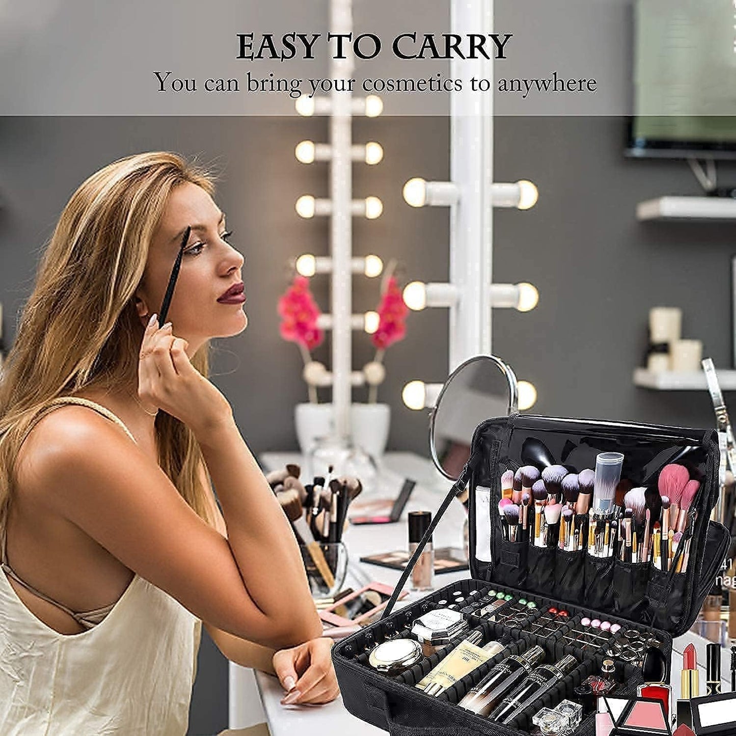 Travel Makeup Train Case - Large Capacity Cosmetic Bag Organizer for Women | Adjustable Dividers & Shoulder Strap - Black, Large