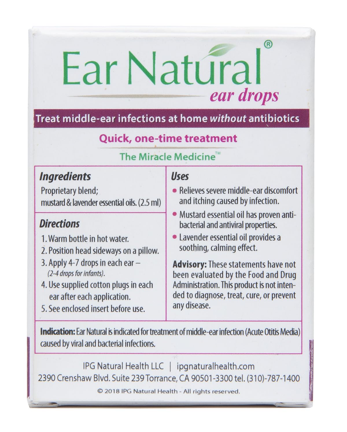 EarNatural® – Treatment for Middle-Ear Infections, Earache, Itching – Relief in Less Than a Minute - in a Single Treatment – 100% Natural Ingredients, Made in USA – US Patents Issued & Pending