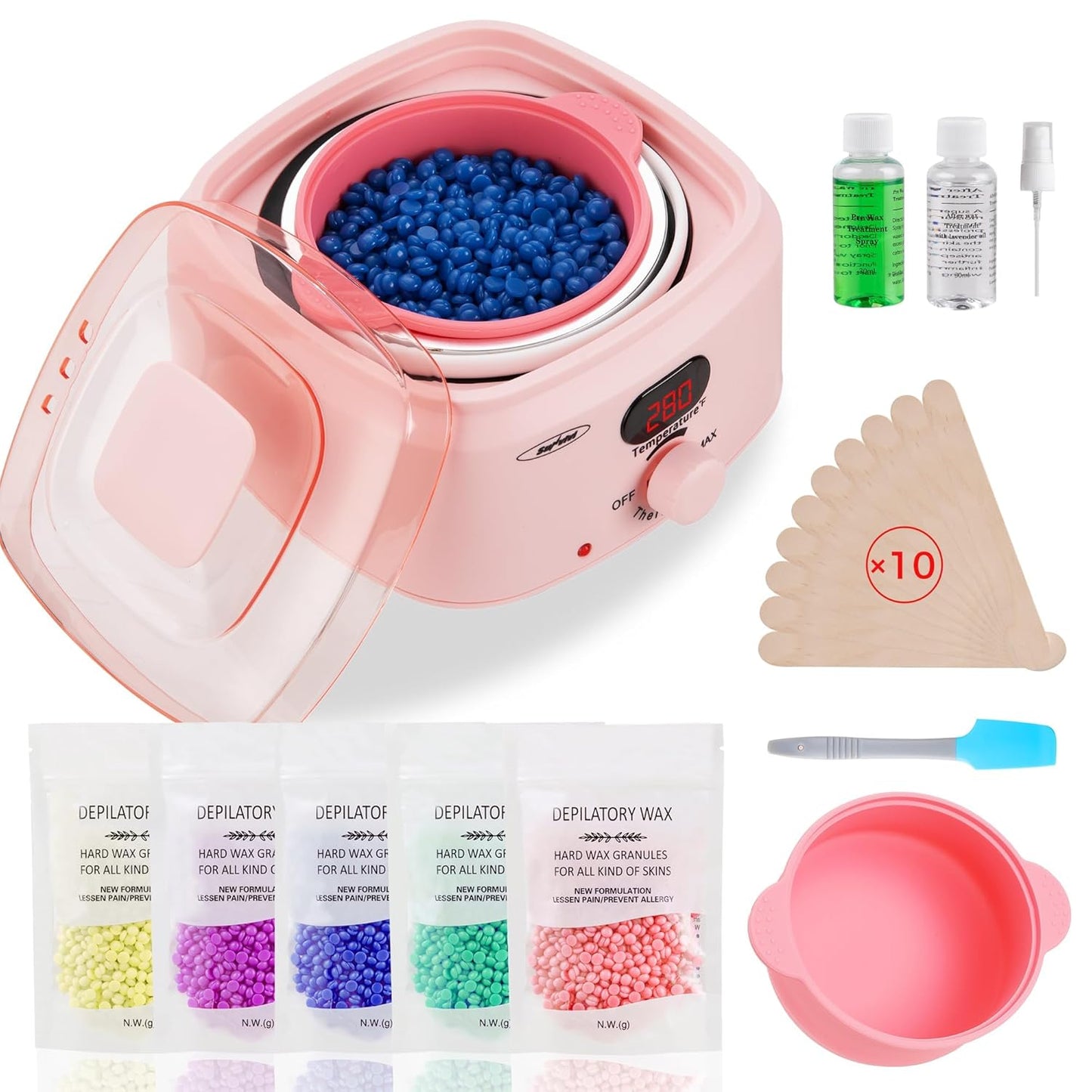 Brazilian Waxing Kit - Hard Wax Warmer with 5 Beads | Digital Display for Full Body, Legs, Face, Bikini, Sensitive Skin - Pink