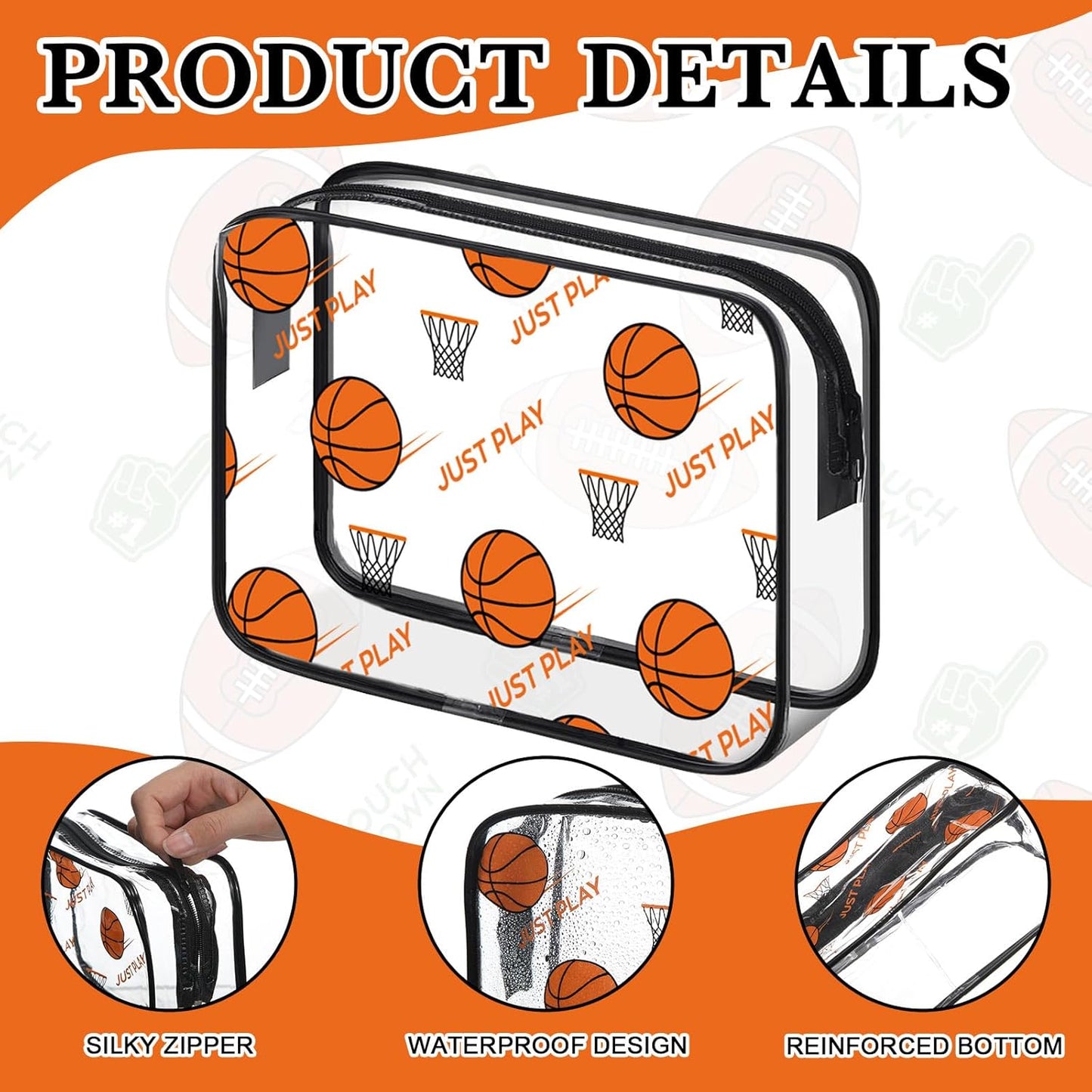 Basketball Clear Makeup Bags - 24-Pack Waterproof PVC Cosmetic Pouches | Party Favors & Team Gifts