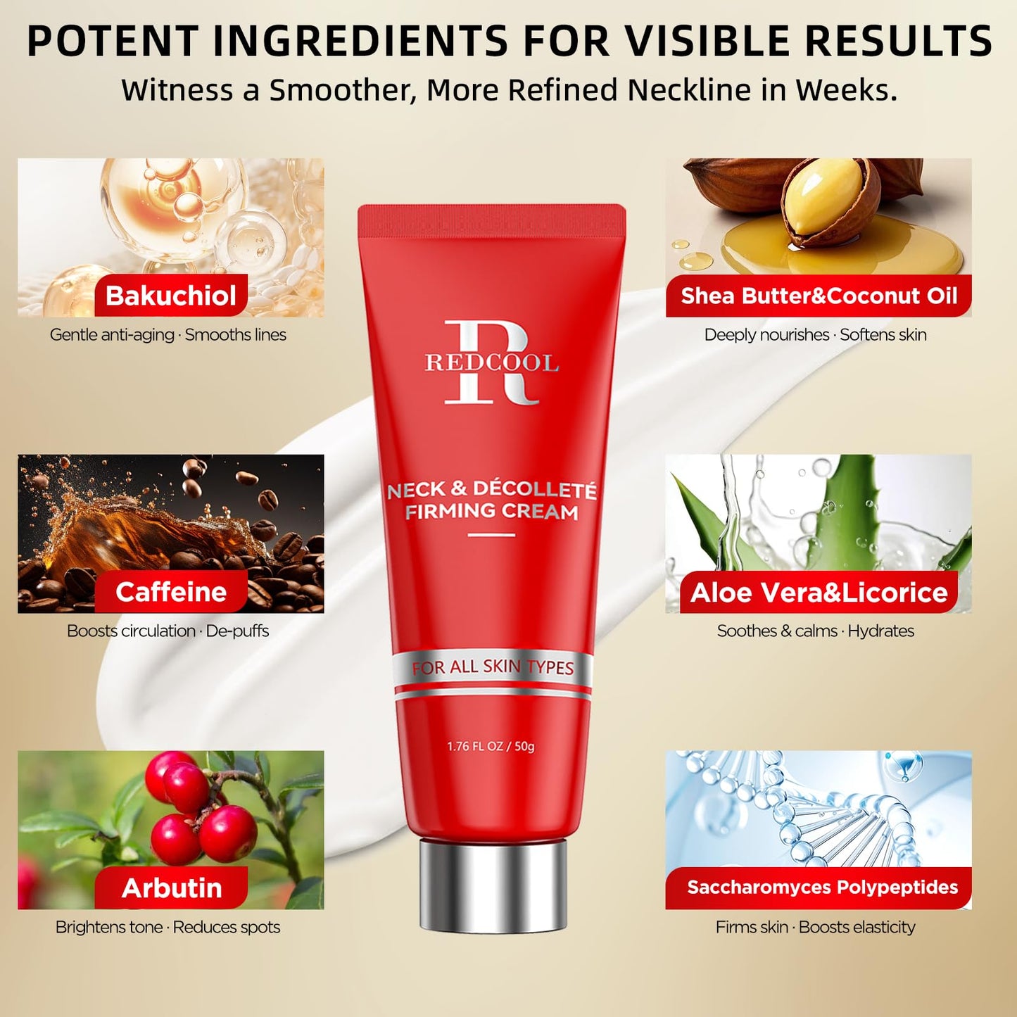 Redcool Retinol Neck Firming Cream – Neck Cream for Firming and Tightening, Skin Tightening Cream for Face, Tighten and Lift Neck Cream with Collagen & Hyaluronic Acid, Anti-Aging Moisturizer 1.76 oz