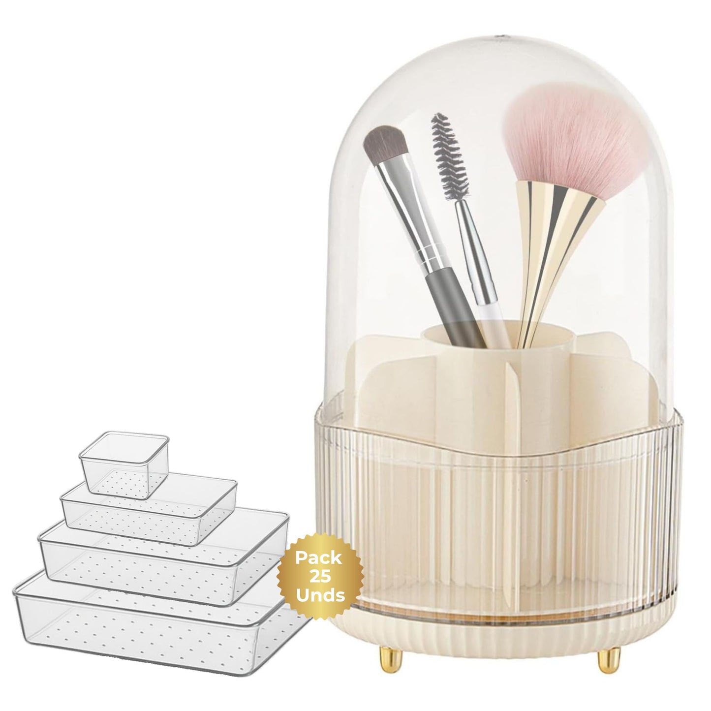 LINPHER Makeup organizers – A set of 25 transparent plastic organizers in four sizes, ideal for makeup, jewelry, and cosmetics. Includes a rotating brush organizer.