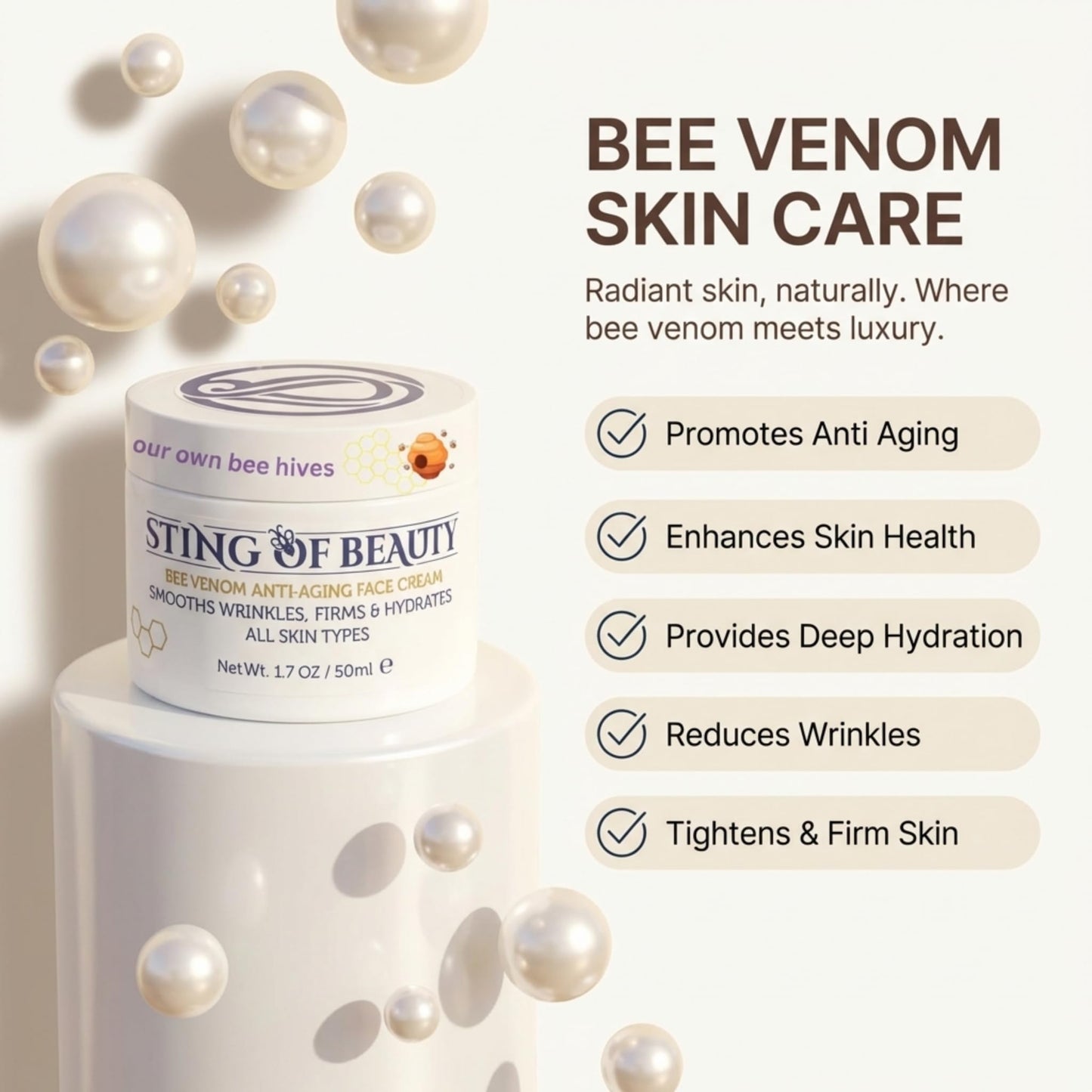 STING OF BEAUTY Anti-Aging Face Cream – Bee Venom & Propolis for Wrinkles & Firming, Visible Lifting Effect, Made with Propolis from Our Own Beehives, 1.7 oz
