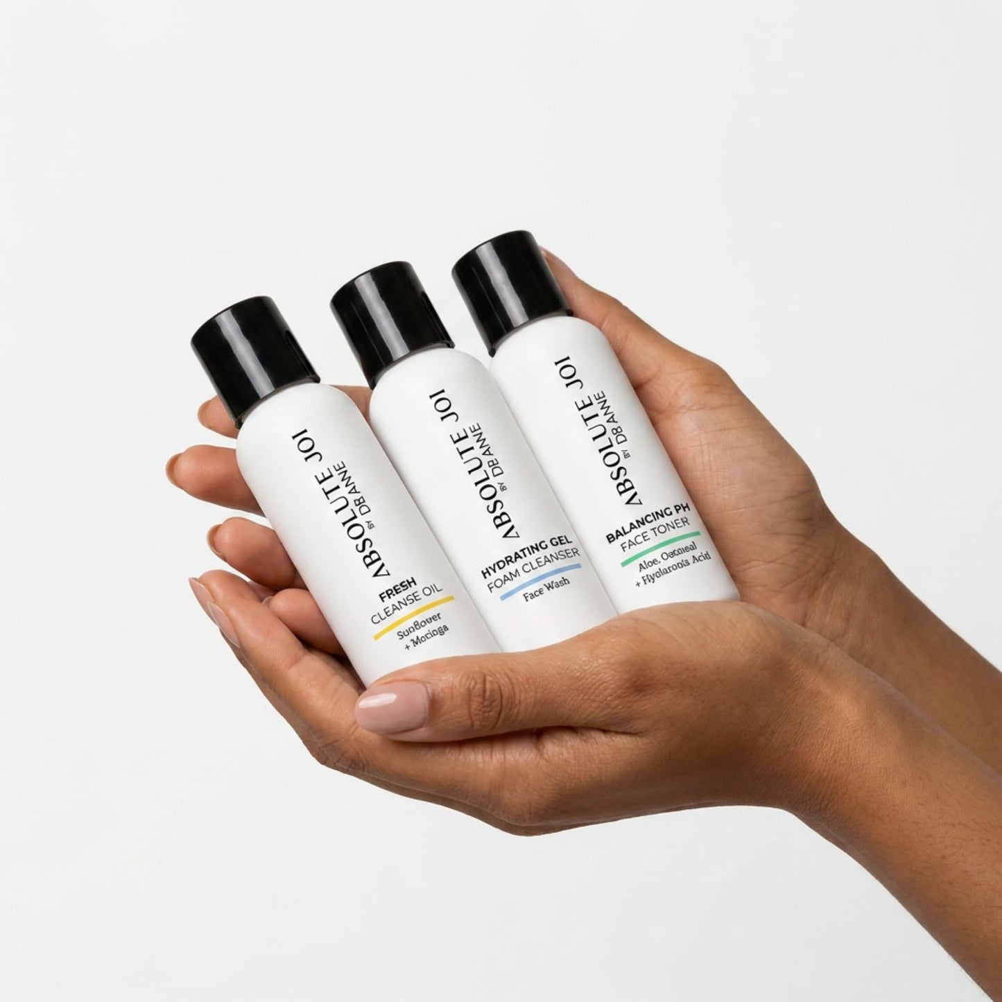 AbsoluteJOI Double Cleansing Kit in TSA Compliant Travel Size Bottles (20 ml). Three products included - Make Up Removal Cleansing Oil, Foaming Facial Cleanser & Aloe Face Toner