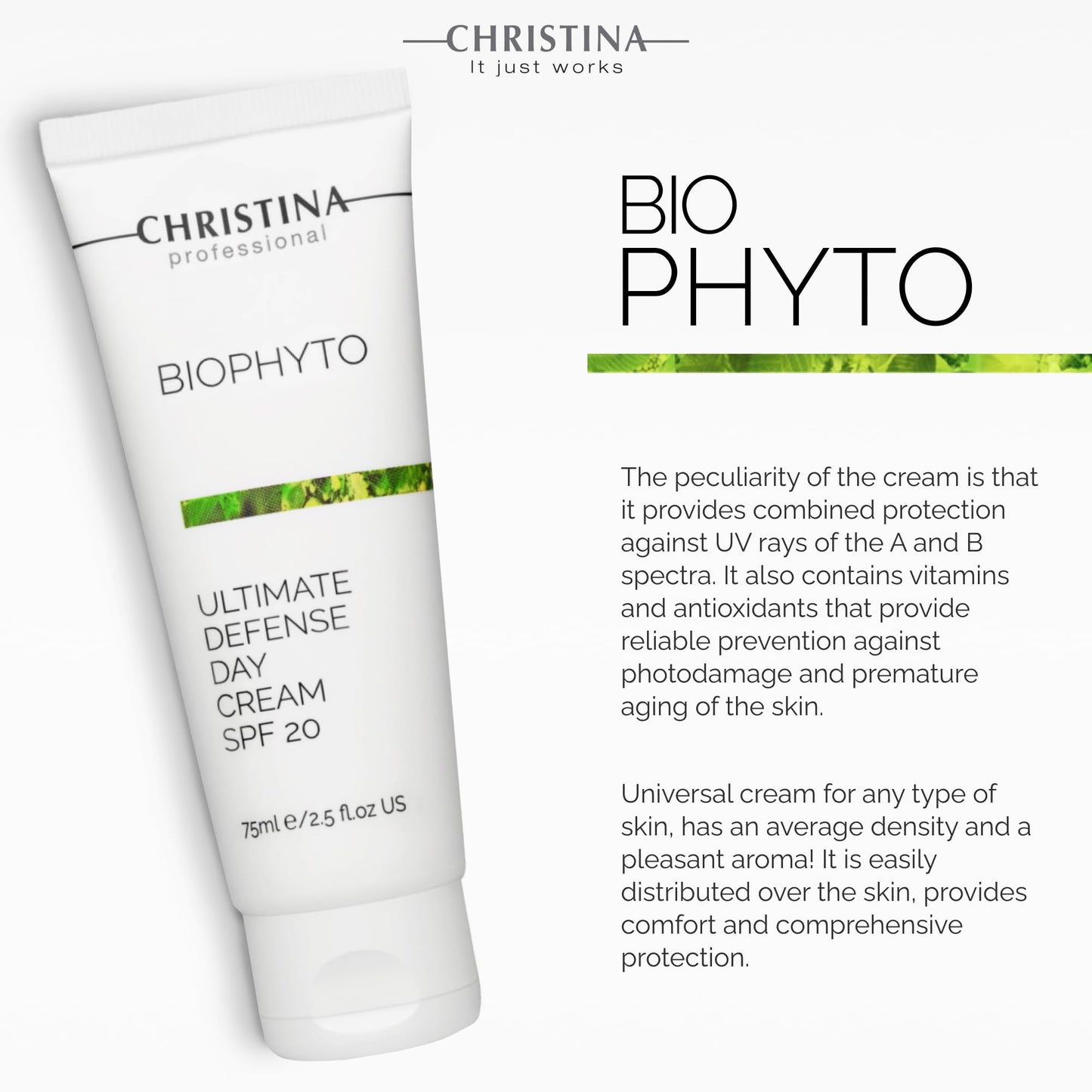 Christina Bio Phyto Ultimate Defense Day Cream Moisturizer with SPF 20-75 ml - Broad Spectrum UVA/UVB Protection Facial Moisturizer with Hyaluronic Acid & Vitamin B12- For Normal & Combination Skin