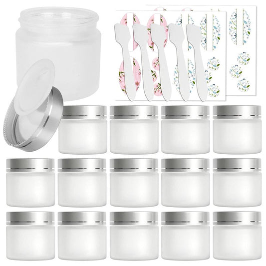 15 Pack, 2 oz 60ml Frosted Glass Jars with Silver Lids & Inner Liners, Empty Matte Clear Round Refillable Cosmetic Containers Travel Jars for Cosmetics,Body Butter,Scrubs,Face Cream Lotion and More