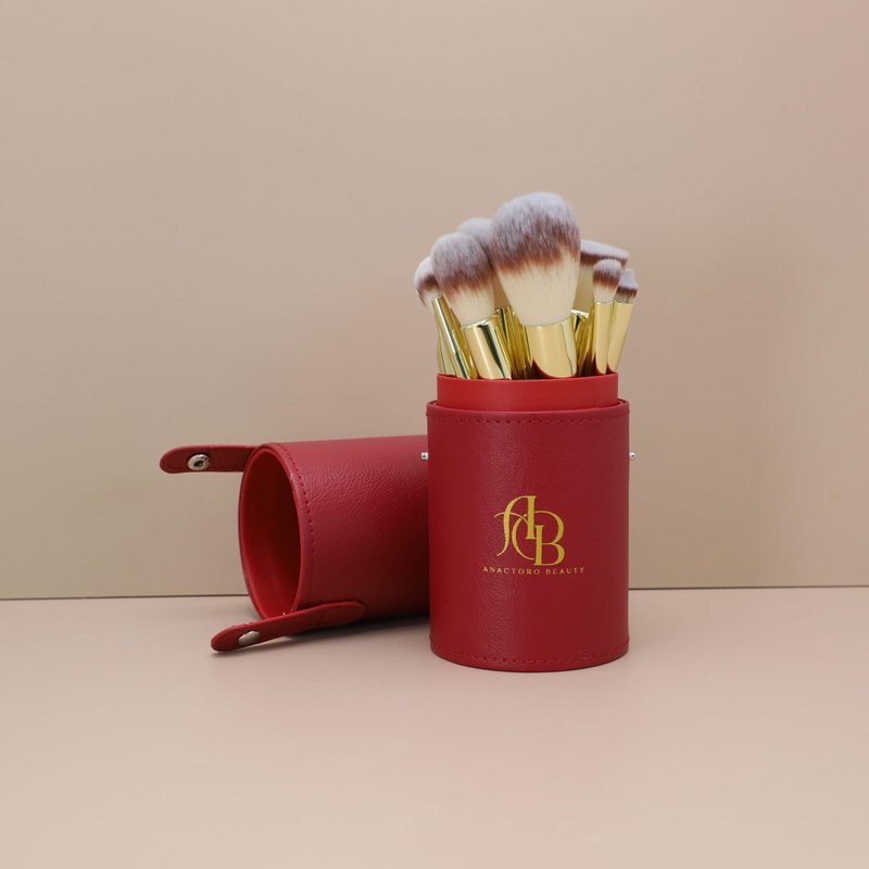 Anactoro Beauty Travel Makeup Brush Set, 16 Professional Vegan Matte Wood Handle Red Gold Makeup Brushes Set and 2 Makeup Sponges, ON-THE-GO Make up Brushes Set with Case (Red)