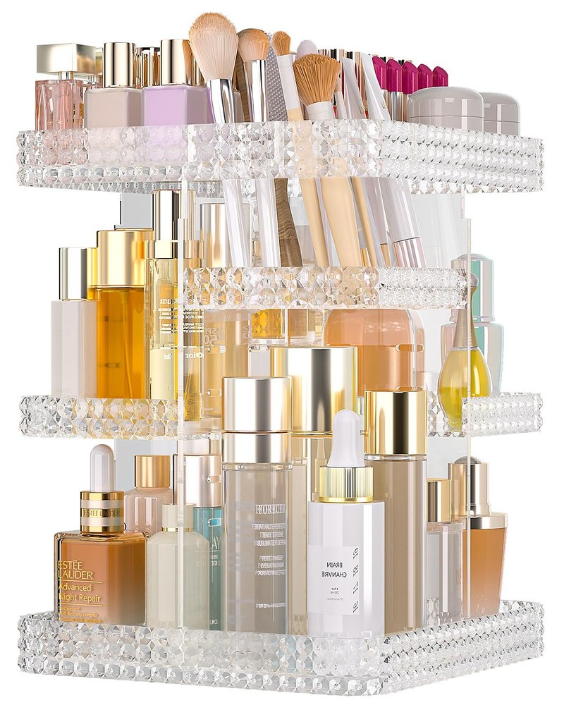 HEMTROY Rotating Makeup Organizer with Makeup Brush Holder,Large Capacity Perfume Organizer for Vanity Countertop,Acrylic Skincare Organizers Spinning Holder Storage Rack (Clear)