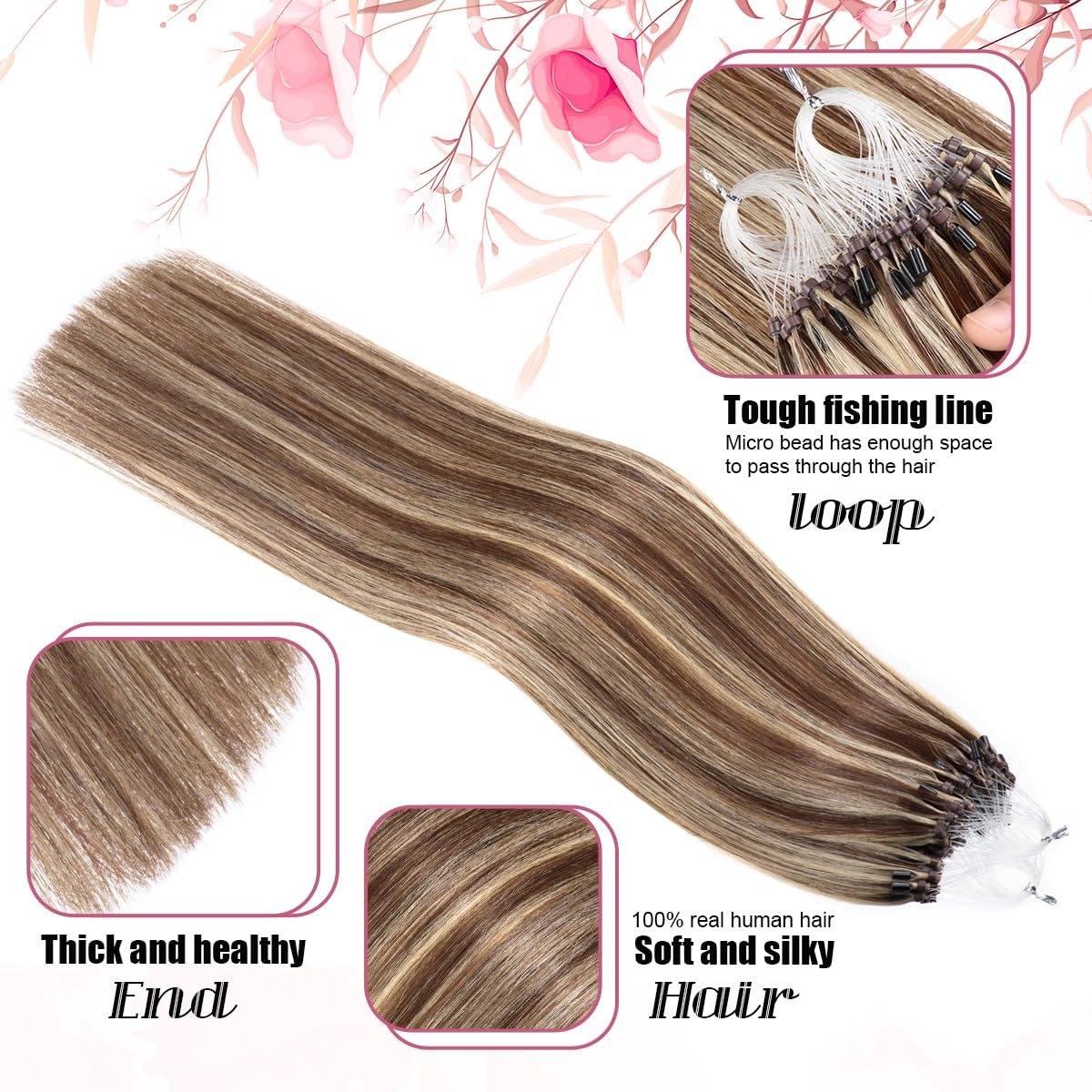 Kpvxxve Micro Ring Hair Extensions Human Hair 16inch Micro Loop Brown Mix Blonde Micro Bead Human Hair Extensions #4/613 Natural Straight Hair Extension 50g 1g/s