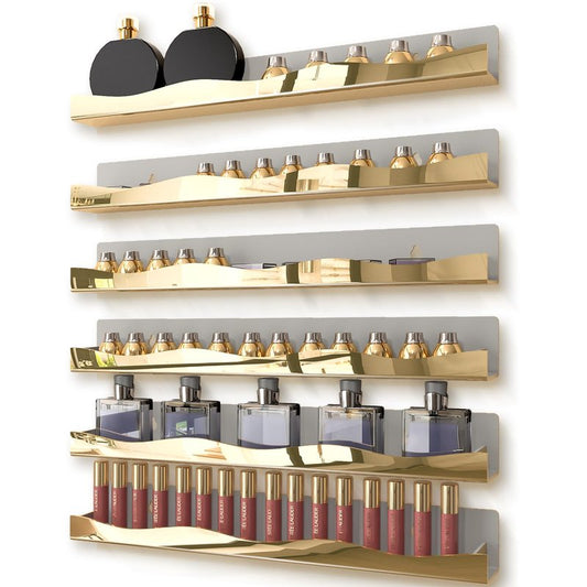 YMVV Wall-Mounted Nail Polish Shelves, 5-Inch Gold Mirror Finish Nail Polish Organizer Rack, Makeup Sunglasses Essential Oil Storage Display Rack 6 Pack