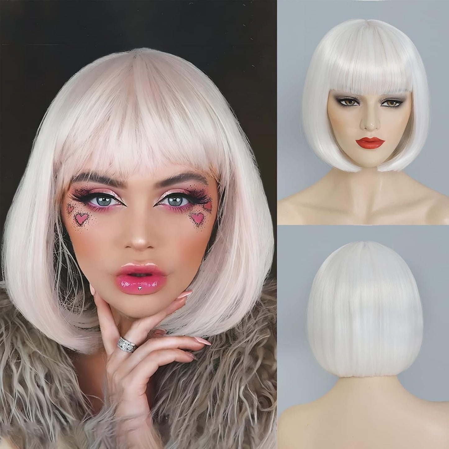 White Bob Wig With Bangs - 10 Inch Heat Resistant Synthetic Hair | Natural Look for Daily Wear & Parties