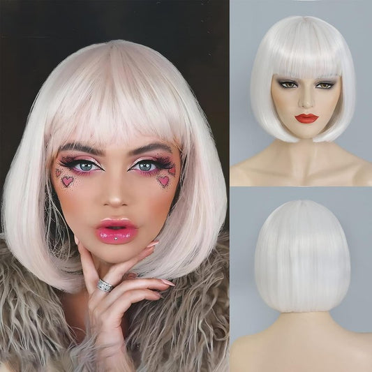 White Bob Wig With Bangs - 10 Inch Heat Resistant Synthetic Hair | Natural Look for Daily Wear & Parties