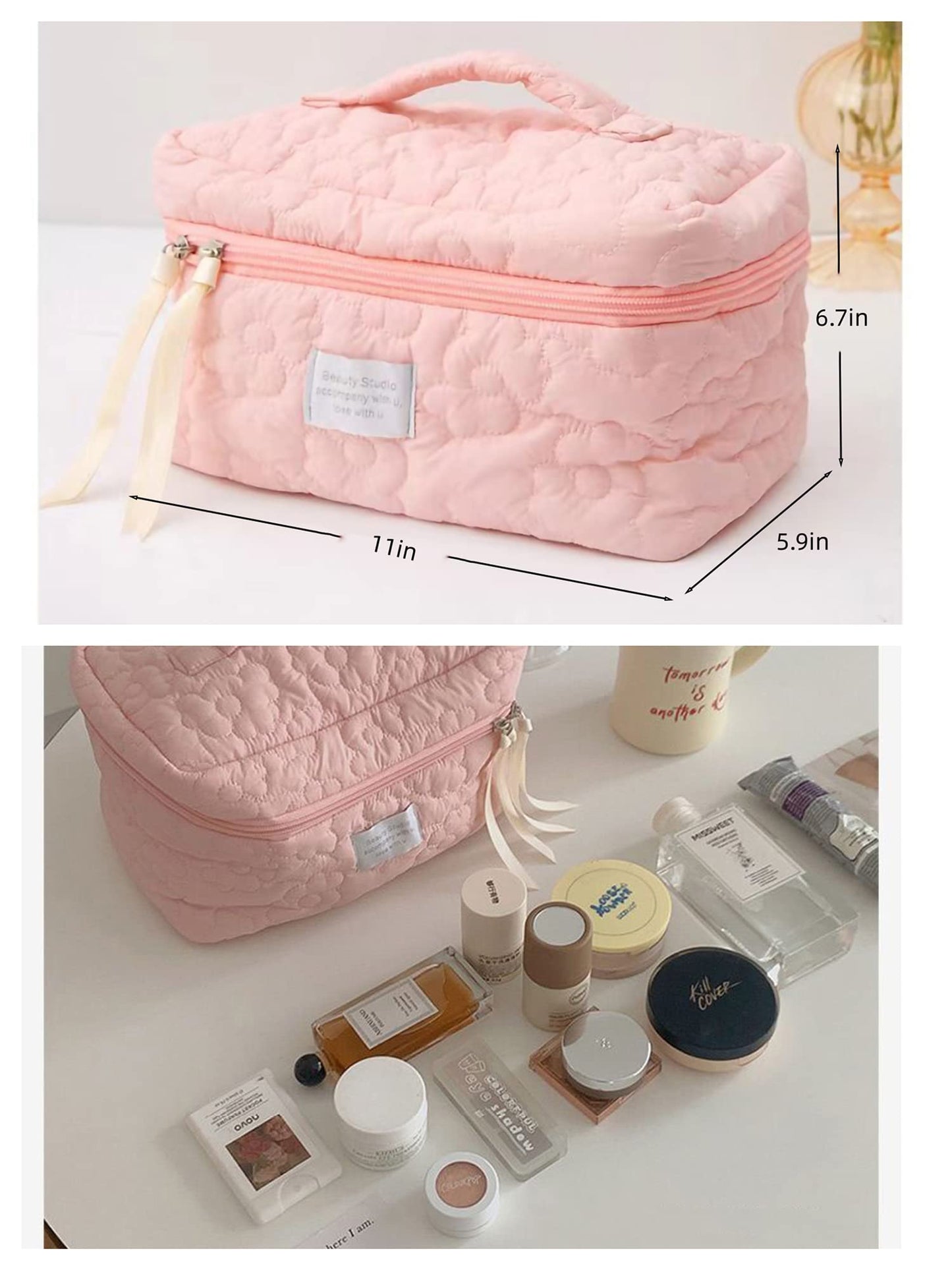 HIQUAY 2pcs Large Capacity Soft Makeup Bag, Soft Travel Cosmetic Bag Makeup Pouch Bag for teens, Women and Girls (2pc-Pink)
