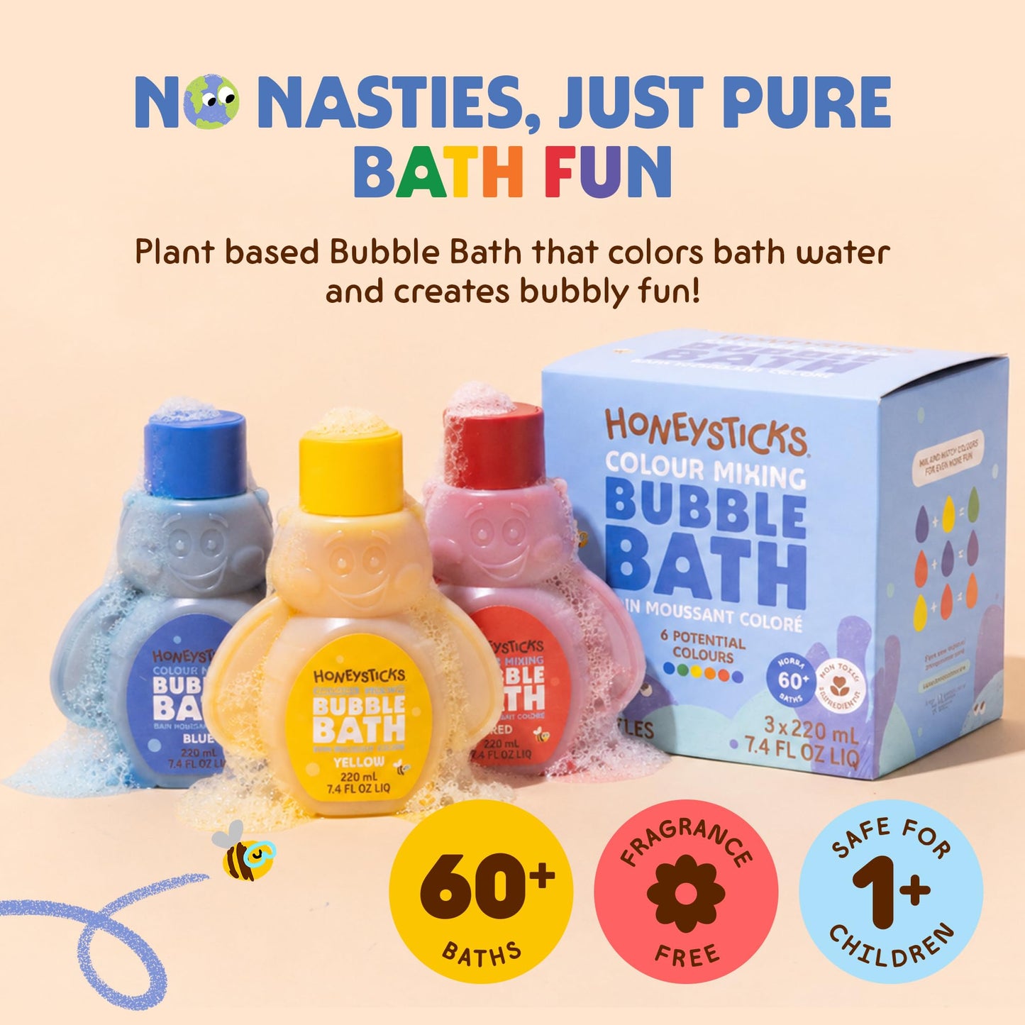 Honeysticks Kids Bubble Bath 3 Pk (Blue, Red, Yellow): Non-Toxic, Plant Based, Non Irritating - Changes Water Color and Creates Super Foaming Bath Bubbles - Safe for Toddlers 1-3, Kids 4-8, Bath Toys