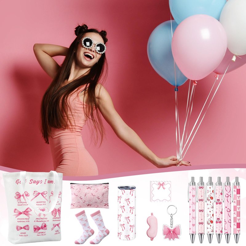 Sieral 14 Pcs Coquette Pink Bow Gift Set for Santa Women Include Pink Bow Tote Bag 20oz Stainless Steel Cup Socks Gel Ink Pens Sticky Keychain Eye Mask for Gifts
