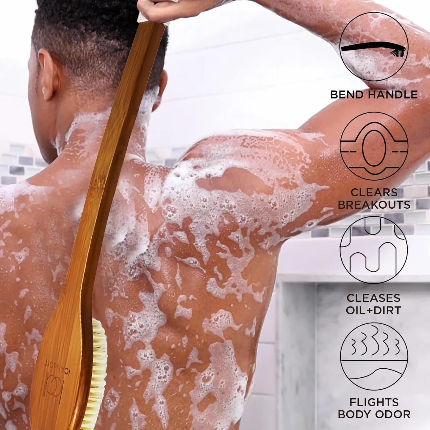 Natural Boar Bristle Bath Brush - Extra Long Anti-Slip Handle for Exfoliating | 19.68 Inch Shower Scrubber with Pumice Stone
