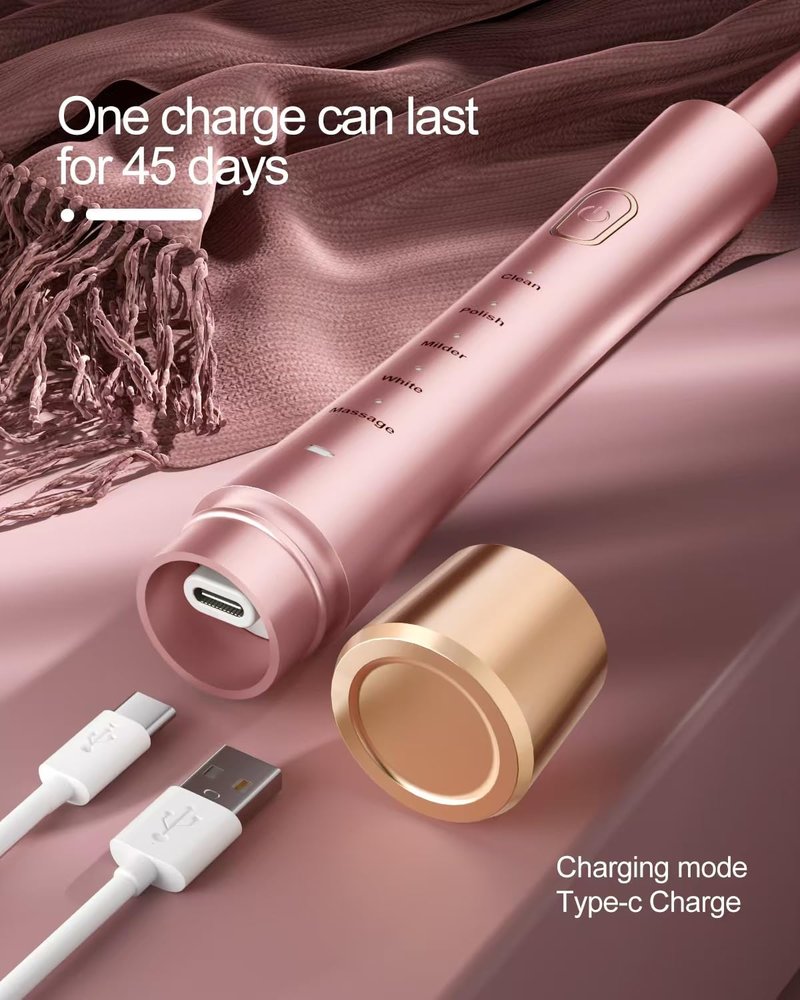 AJELU Sonic Electric Toothbrush for Adults, USB Rechargeable Sonic Toothbrush with 8 Brush Heads, Smart Timer, 5 Modes, 2-Hour Fast Charge Last 30 Days, Pink