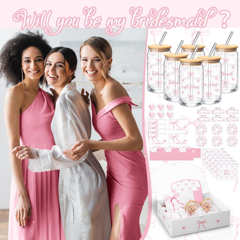 Meanplan 48 Pcs Bridesmaid Proposal Gift Box Set Bridal Shower Favor Wedding Bride Bachelorette Party Return Gift, Glass Cup Cosmetic Bag Scrunchies Hairpin Invited Card Envelope (Matron of Honor)