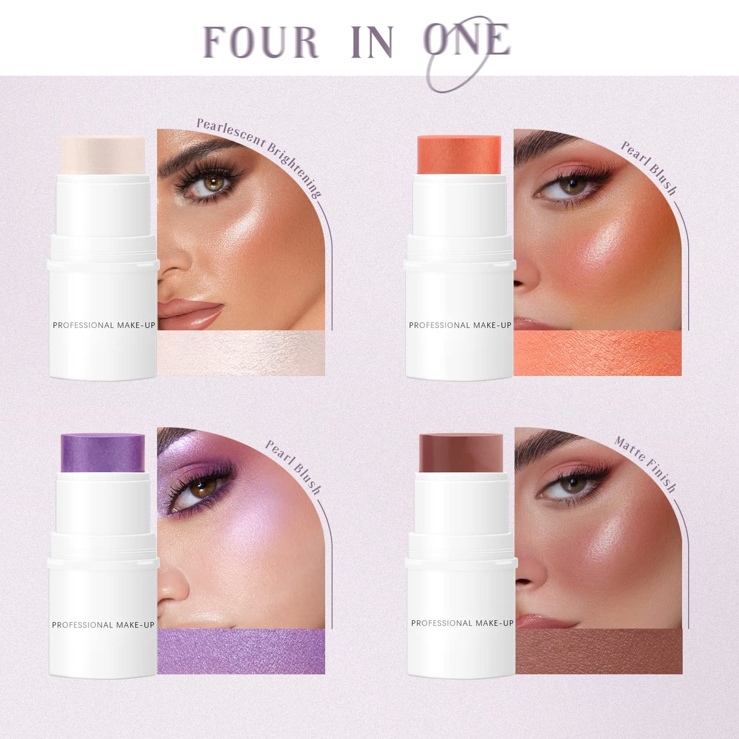 HOSAILY 4 Colors Cream Blush Highlighter Contour Blush Stick Creamy Cosmetics Stick Set, 4 in 1 Waterproof and Long Lasting Bronze Stick Moisturizer Makeup Sticks