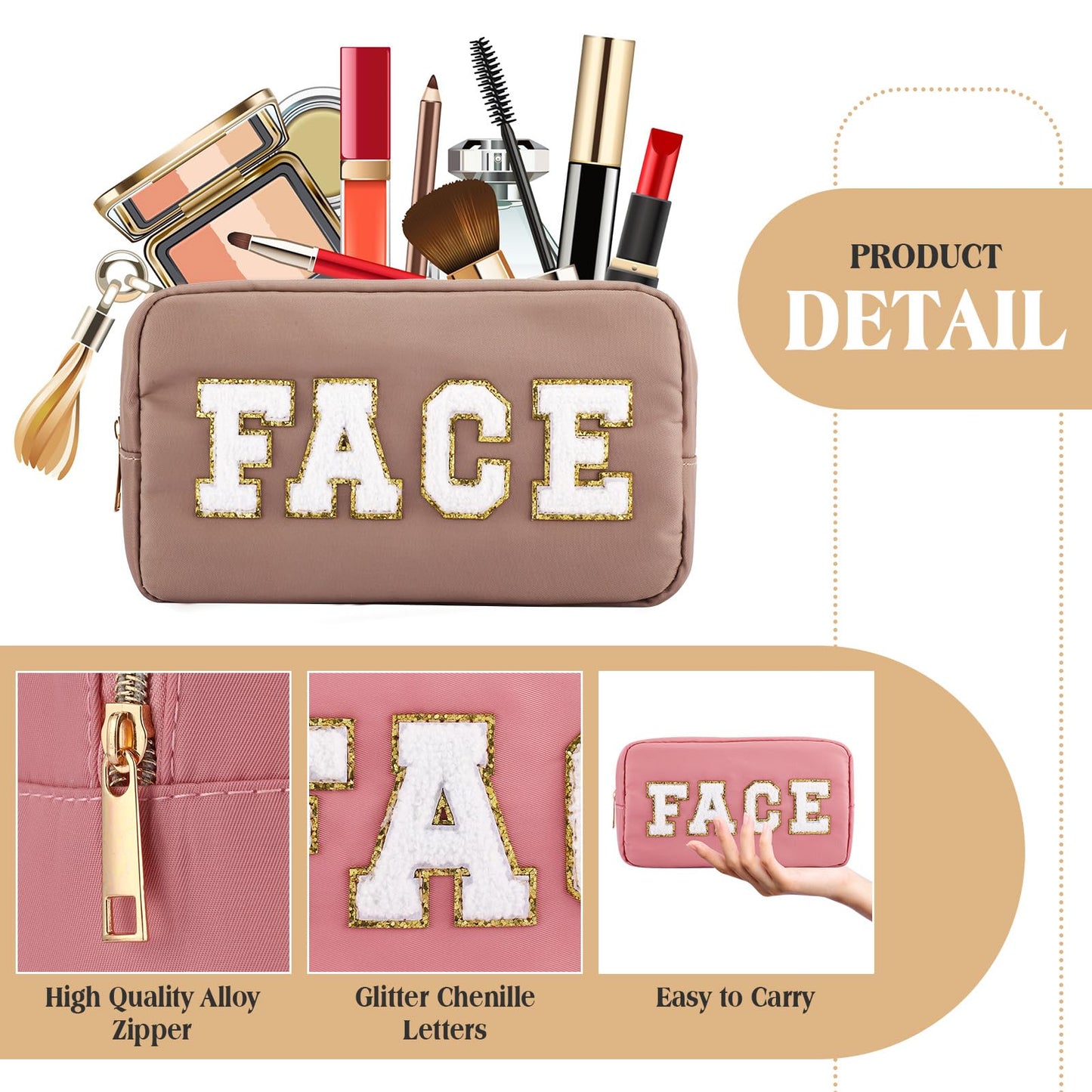 Kajaia 4 Pcs Preppy Makeup Bags Chenille Letter Bag Hair Face Skin Stuff Cosmetic Pouch Cases for Women Travel Toiletry Spend The Night(Beige, Brown, Milk White, Coffee,Fresh)