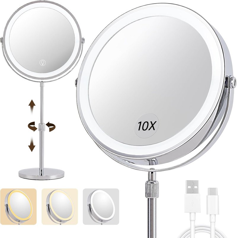 Magnifying Makeup Mirror with Lights - 9" Dual-Sided Vanity Mirror | 3 Color Settings, 3000 mAh Rechargeable, 360° Rotation