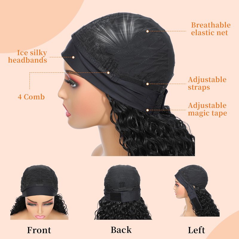 Humistwbiu Curly Headband Wig Loose Water Wave Headband Wigs None Lace Wig Glueless for Women Synthetic 150% Density Natural Color 24 inch (1B)