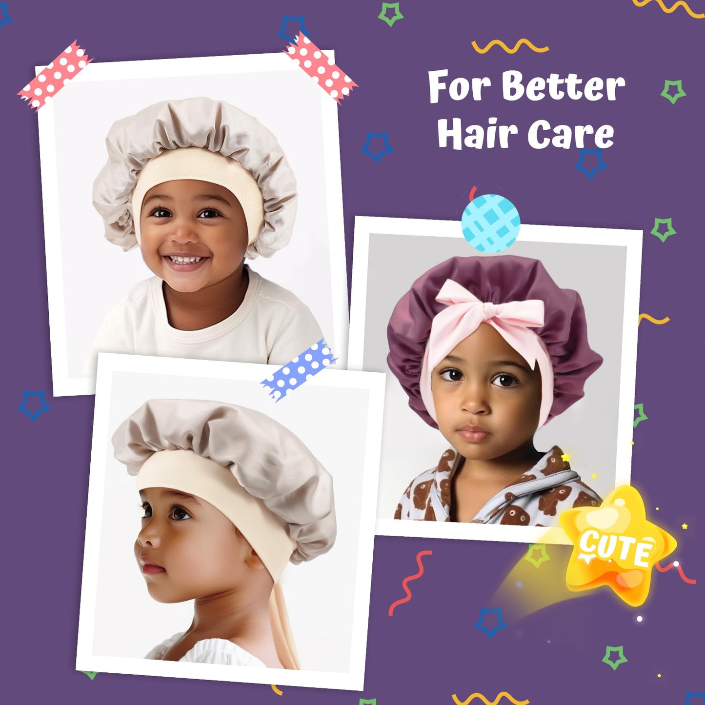 Lolalet 2 PCS Kids Bonnets for Girls, Reversible Silk Bonnet for Sleeping Satin Bonnet Cap with Wide Elastic Band -Violet & Champagne