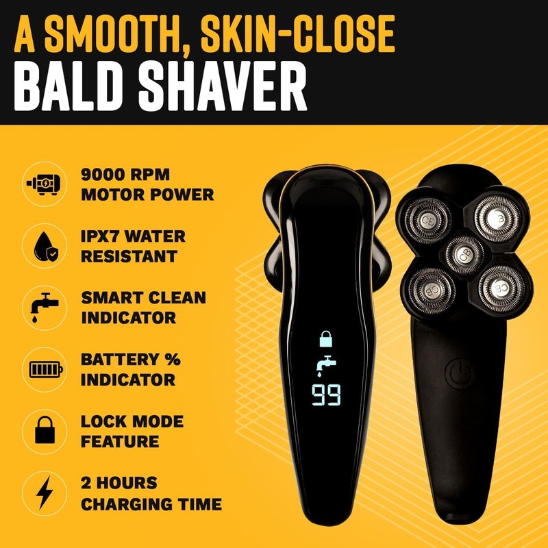 Bald Buddy Head Shaver for Men, Waterproof, Rechargeable Electric Razor, Cordless, Ergonomic Design, Battery & Cleaning Indicator, The Cut Buddy