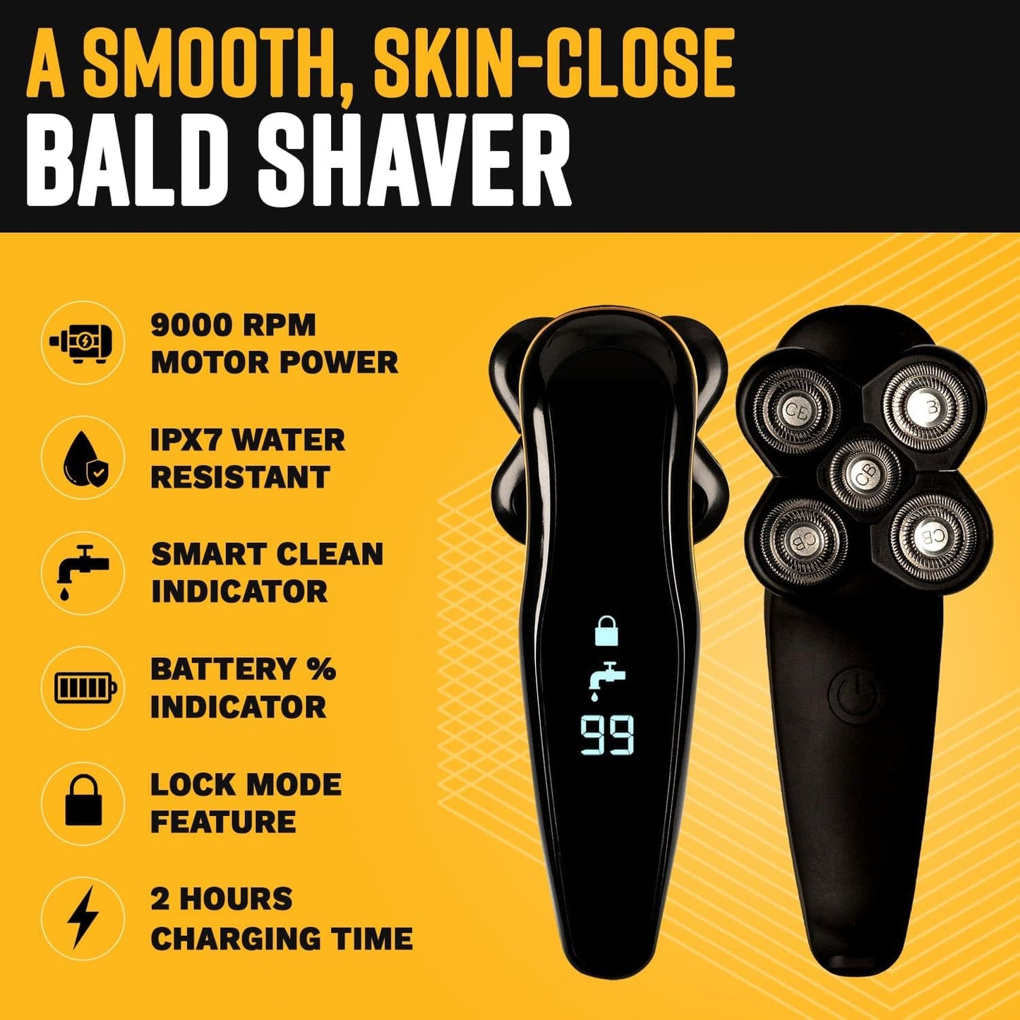 Bald Buddy Head Shaver for Men, Waterproof, Rechargeable Electric Razor, Cordless, Ergonomic Design, Battery & Cleaning Indicator, The Cut Buddy