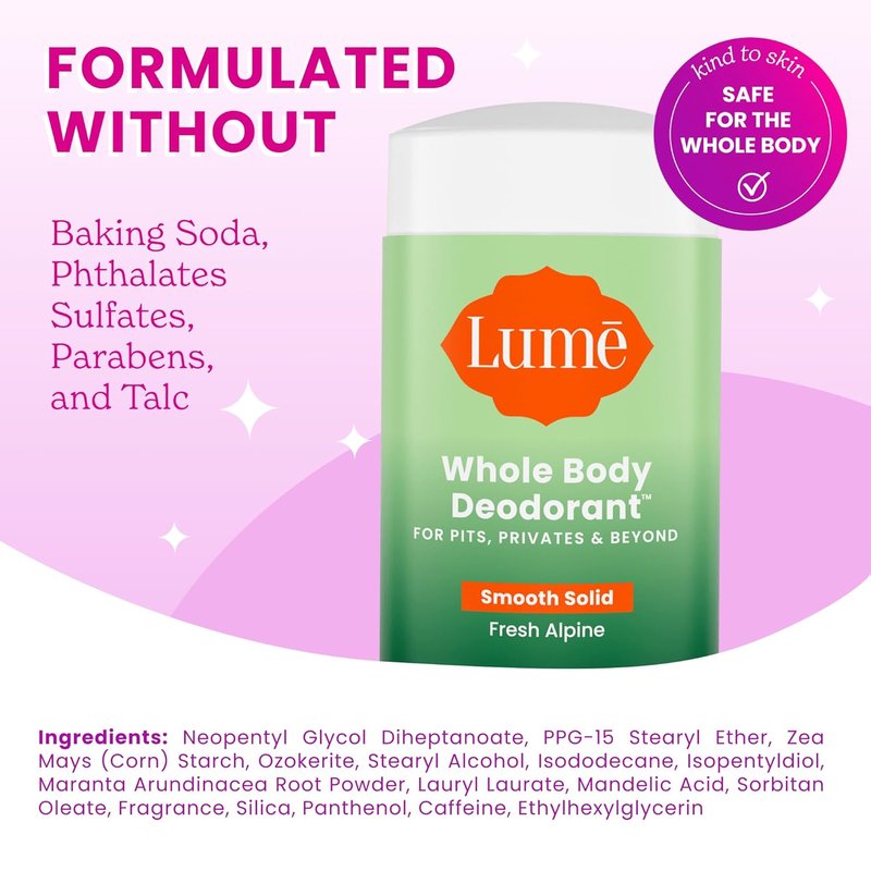 Lume Whole Body Deodorant - 72-Hour Odor Control Solid Stick | Aluminum-Free, Skin-Loving Formula - 2.6 Ounce (Fresh Alpine)