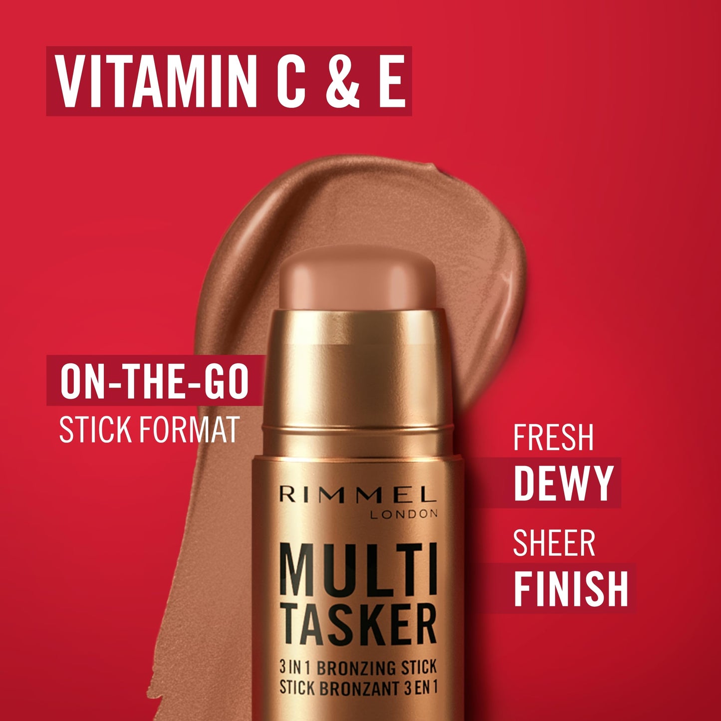 Rimmel Multi Tasker 3 in 1 Bronzing Stick, 004 Deep, Sculpted and Bronzed Glow, All-Day Wear, Sheer and Dewy Finish, Infused with Vitamin C & E, Vegan Formula, Cruelty-Free